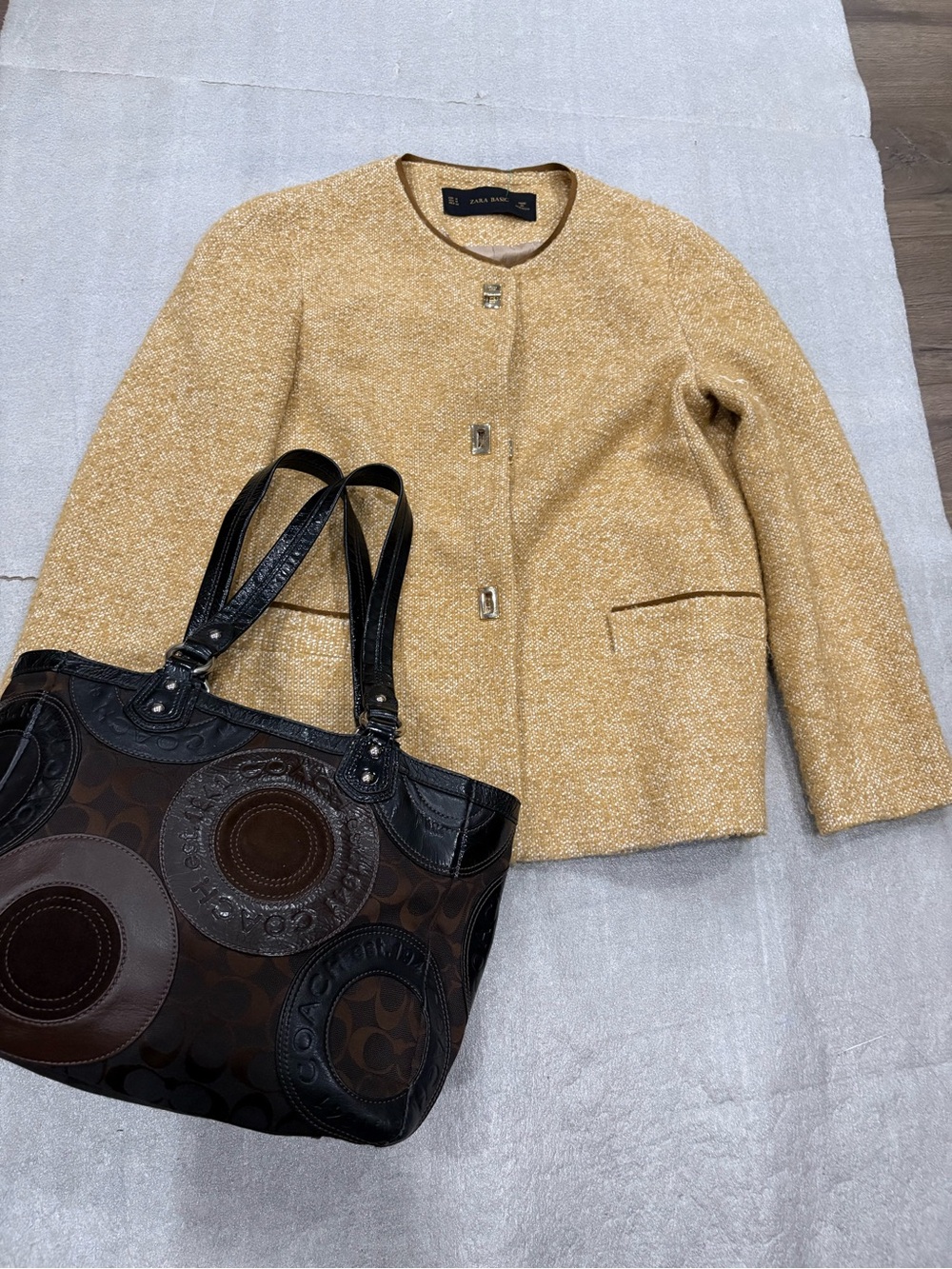 Zara Gold Tweed Collarless Blazer Coach bag